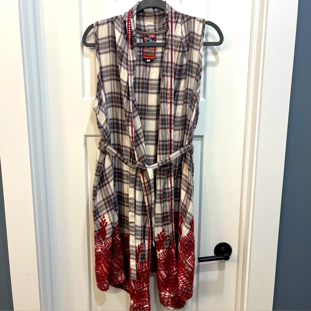 Johnny Was Women’s Plaid Belted Embroidered Sleeveless Open Front Long Vest Sz S
